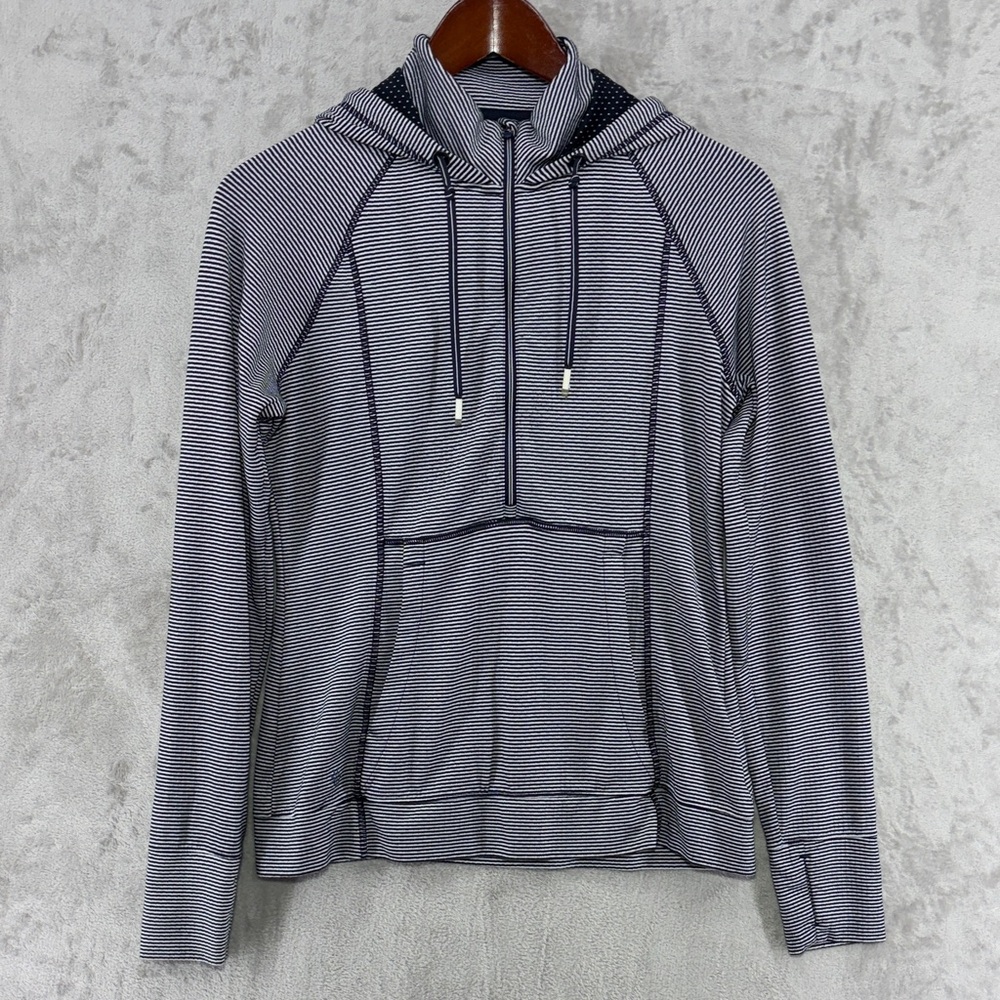 Athleta Navy Blue & Gray Striped 1/2 Zip Pullover Hoodie Size S